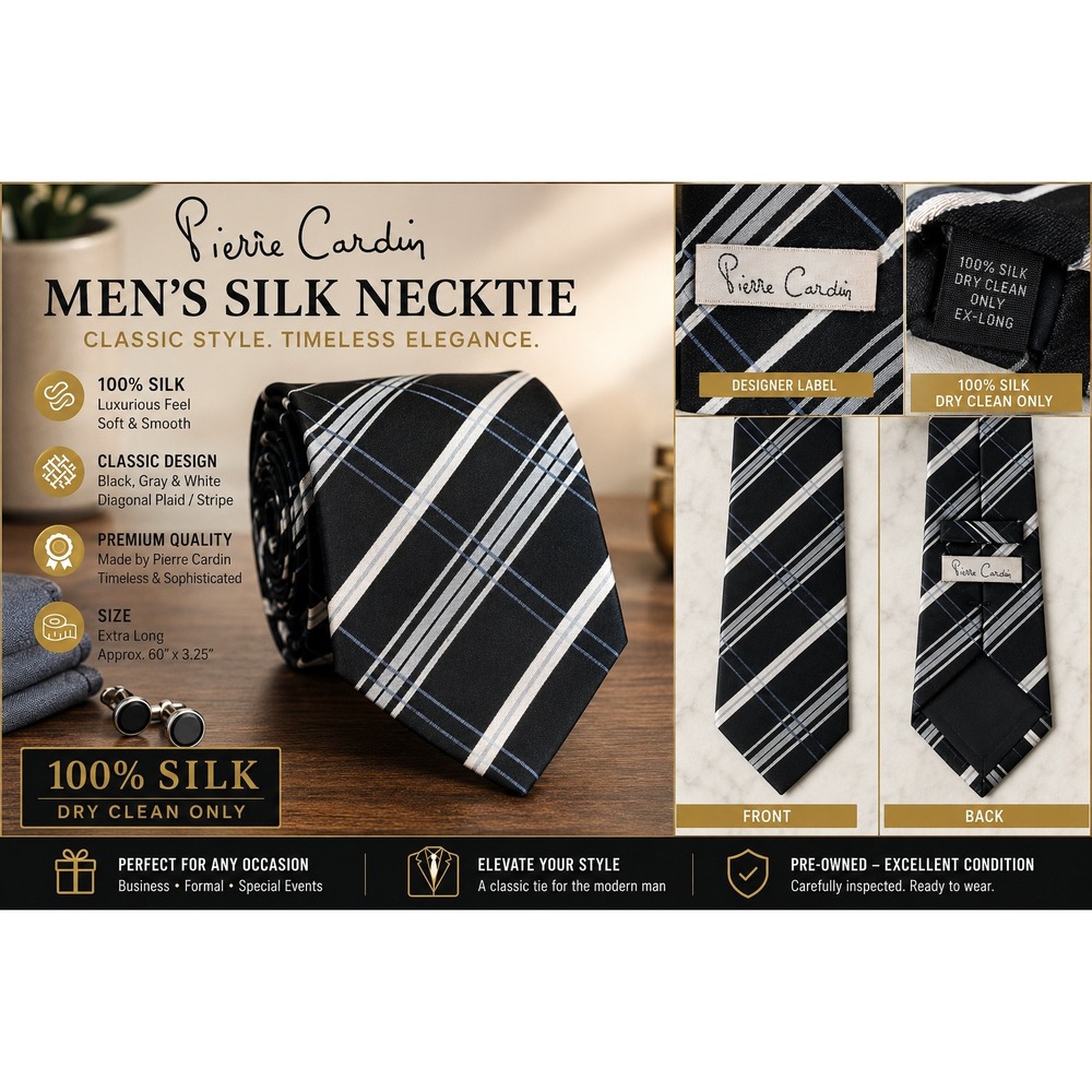 Pierre Cardin Mens Silk Necktie Black Gray White Striped Plaid Extra Long XL Tie